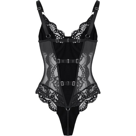 Women Pu Black Bodysuit Bustier Top One Piece Floral Lace Sheer Corset Lingerie - Picture 4 of 6